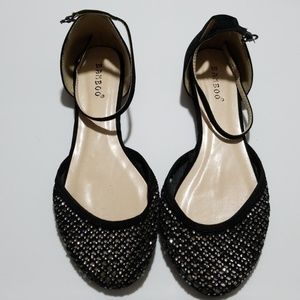 Bamboo rhinestone mesh ankle strap ballet flats
